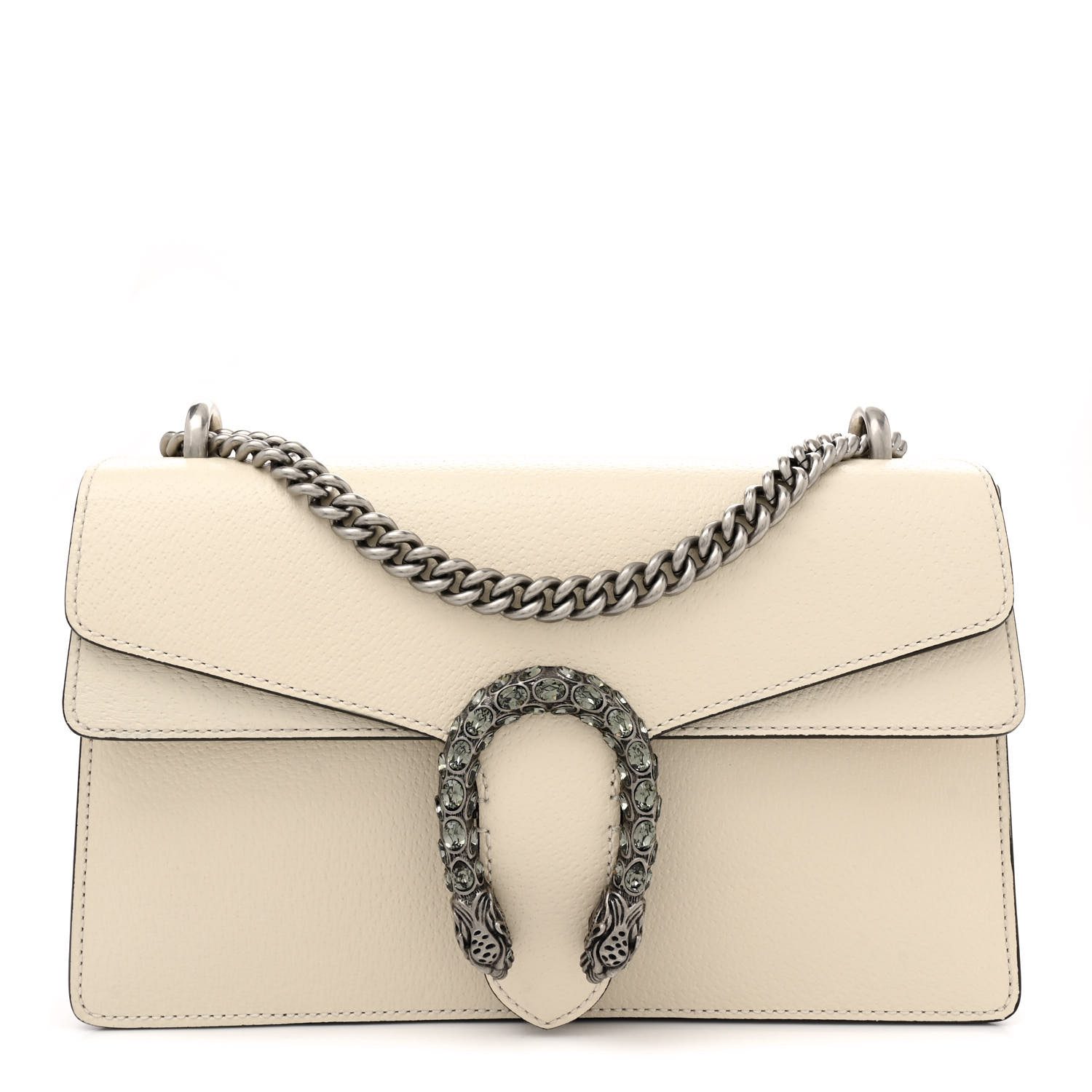 Gucci Mystic White Textured Calfskin Leather & Crystal Small Dionysus Sho ulder Bag Aged Silver Hardware Front replica handbag