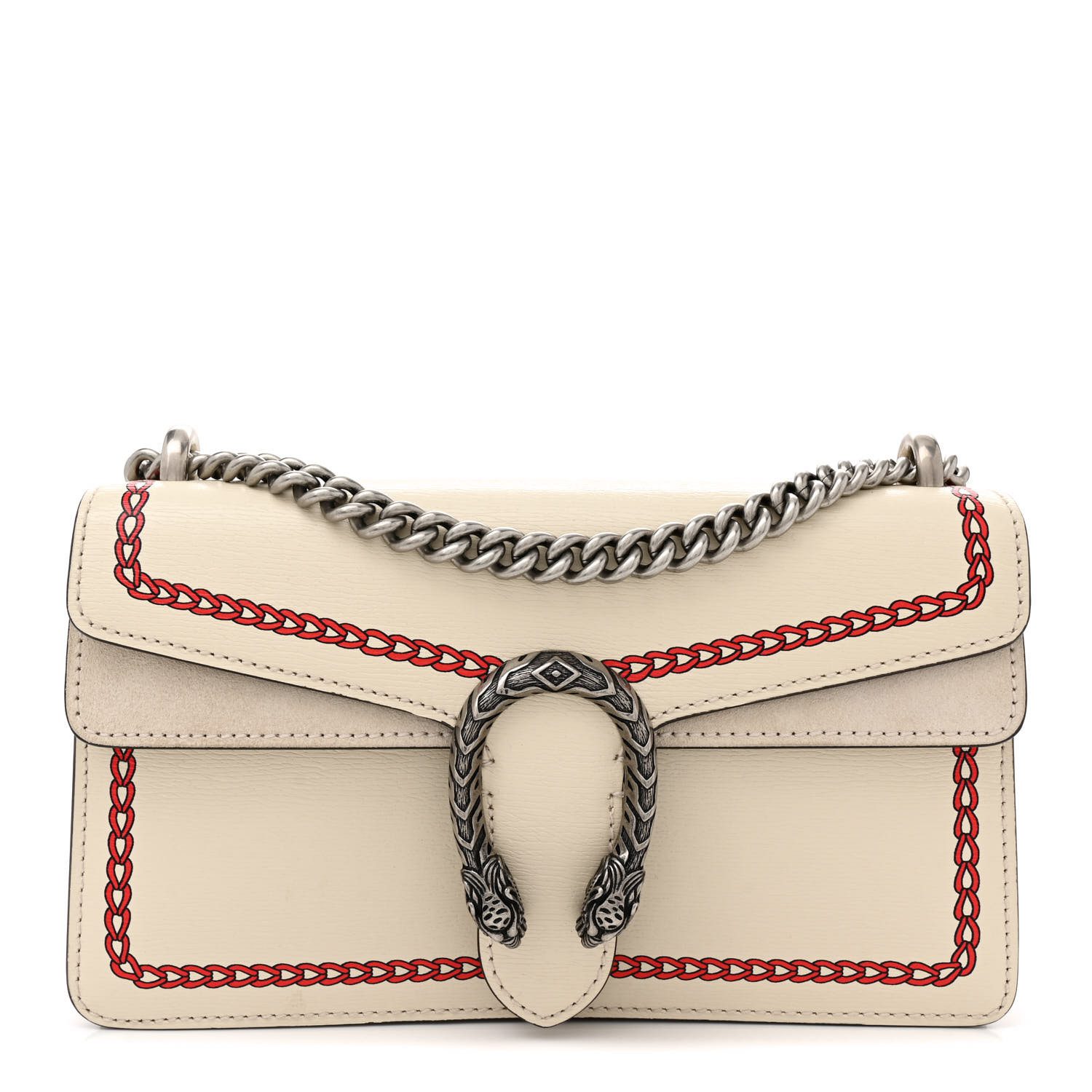 Gucci Mystic White Textured Calfskin Leather Small Lunar New Year Dionysus Shoulder Bag Aged Silver Hardware Front replica handbag