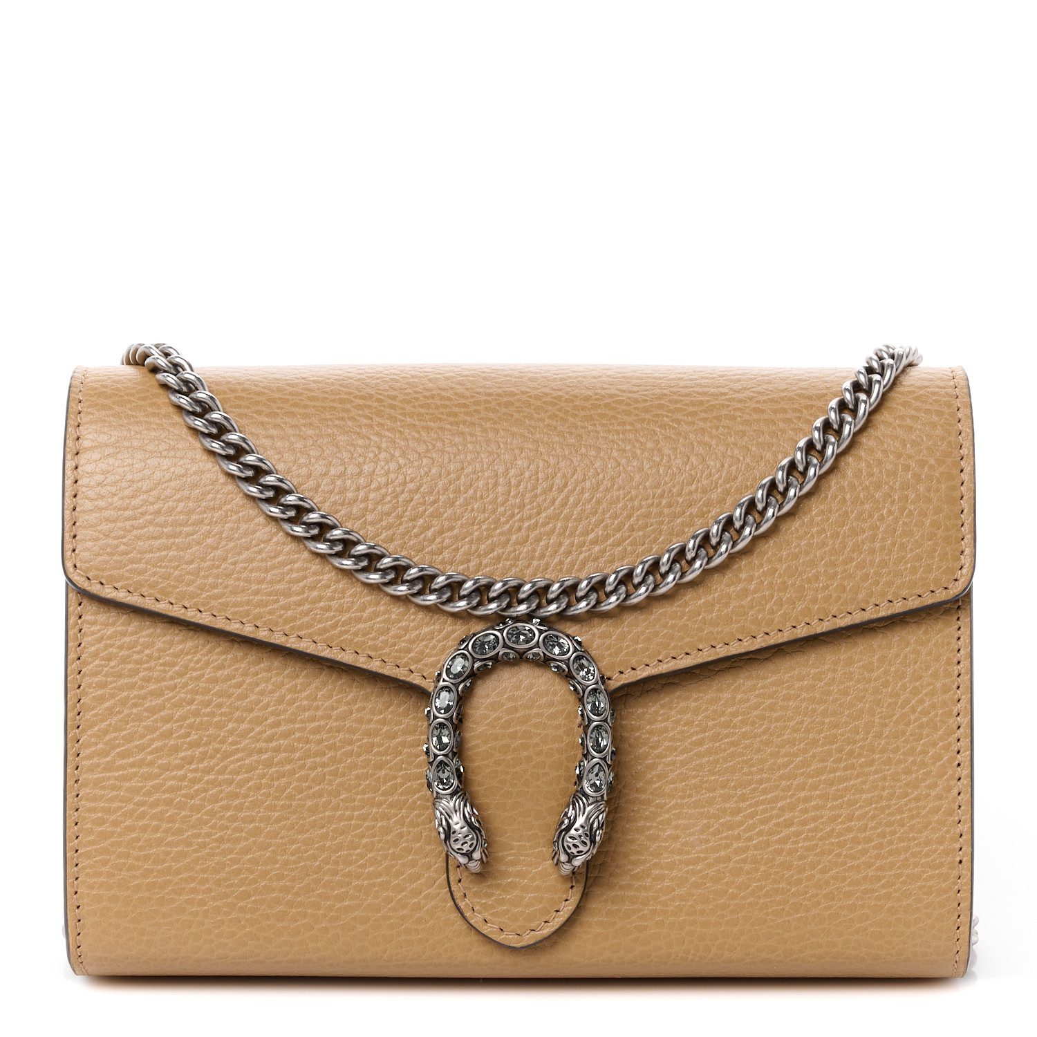 Gucci Natural Tan Black Diamond & Dollar Calfskin Leather Mini Crystal Dionysus Chain Wallet Silver Hardware Front(1) replica handbag