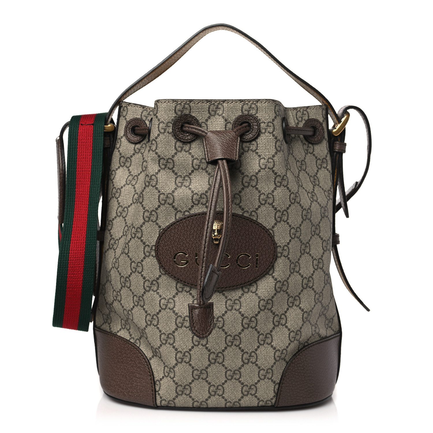 Gucci New Acero Crop GG Supreme Monogram Canvas Medium Neo Vintage Drawstring Bucket Backpack Gold Hardware Front replica handbag