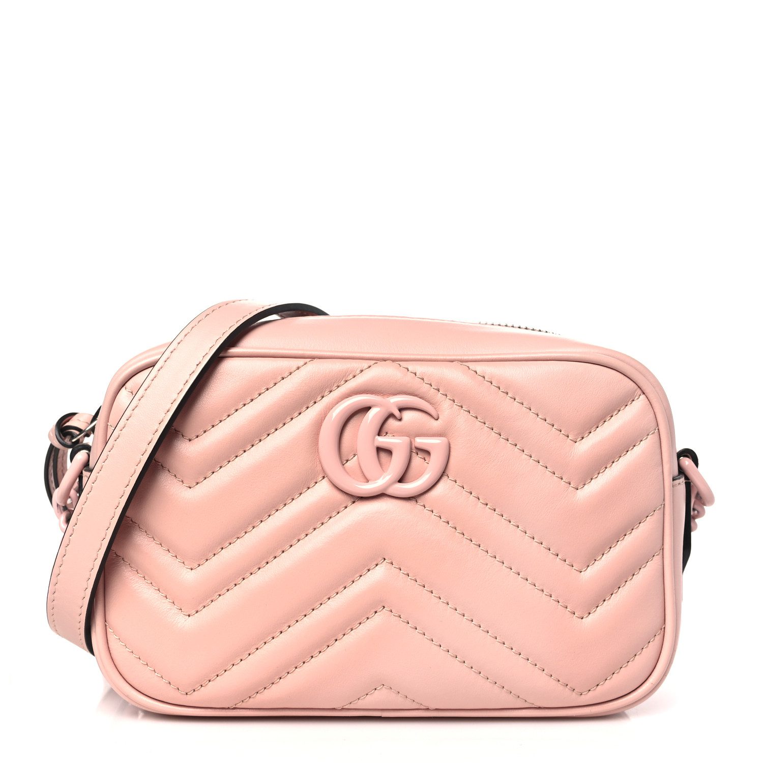 Gucci Perfect Pink Calfskin Matelassé Leather Monochrome Mini GG Marmont Chain Shoulder Bag Incognito Hardware Front replica handbag