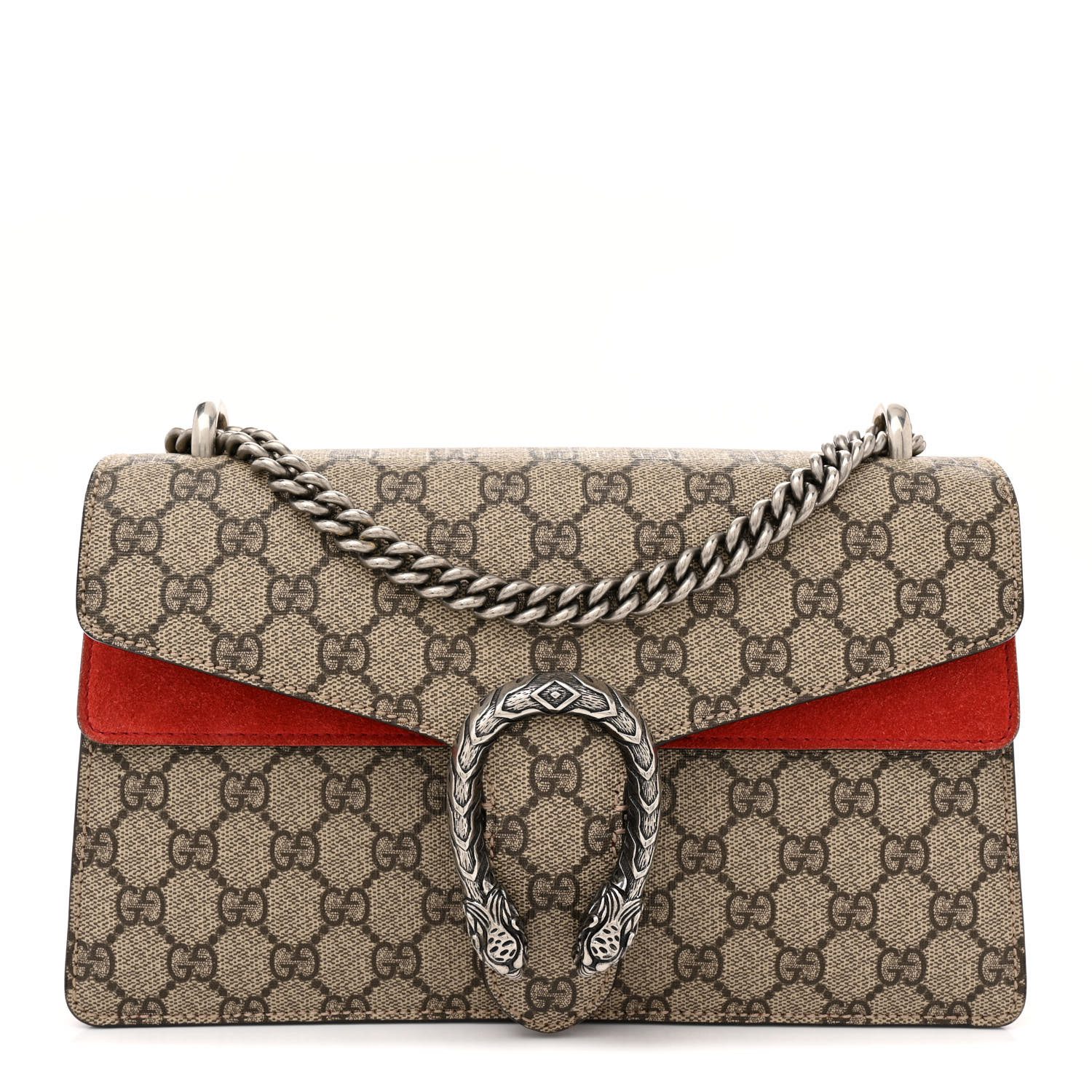 Gucci Red GG Supreme Monogram Coated Canvas Small Dionysus Shoulder Bag Aged Silver Hardware Front replica handbag