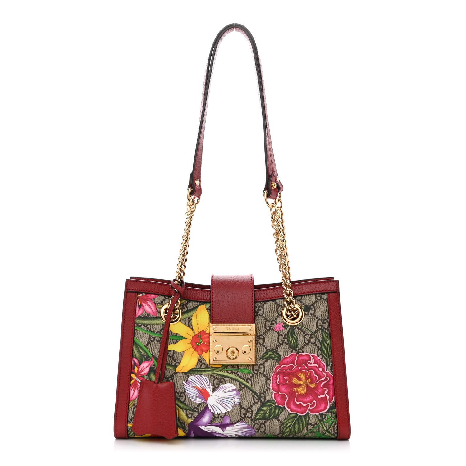 Gucci Red GG Supreme Monogram Coated Canvas & Textured Calfskin Leather Small Padlock Tote Gold Hardware Front replica handbag