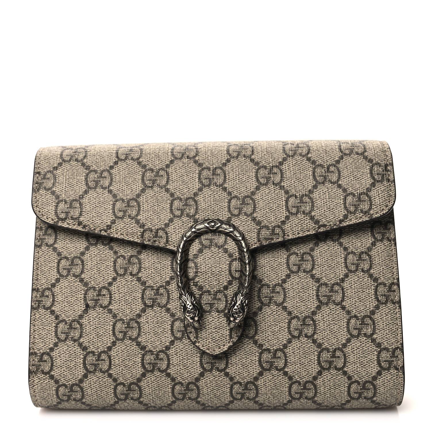 Gucci Taupe GG Supreme Monogram Canvas Small Dionysus Clutch Aged Silver Hardware Front replica handbag