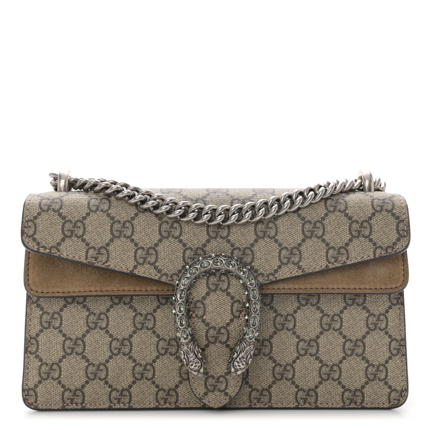 Gucci Taupe GG Supreme Monogram Suede & Crystal Small Dionysus Shoulder Bag Aged Silver Hardware Front replica handbag