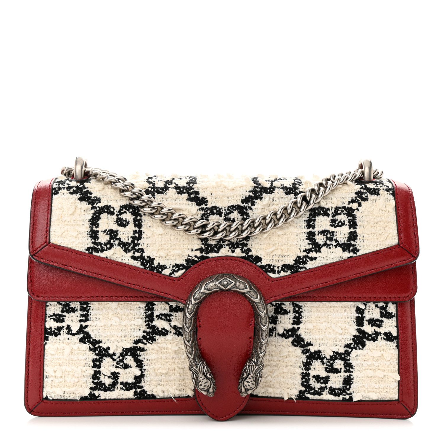 Gucci White Black Romantic Cherry GG Monogram Tweed Small Dionysus Shoulder Bag Aged Silver Hardware Front replica handbag