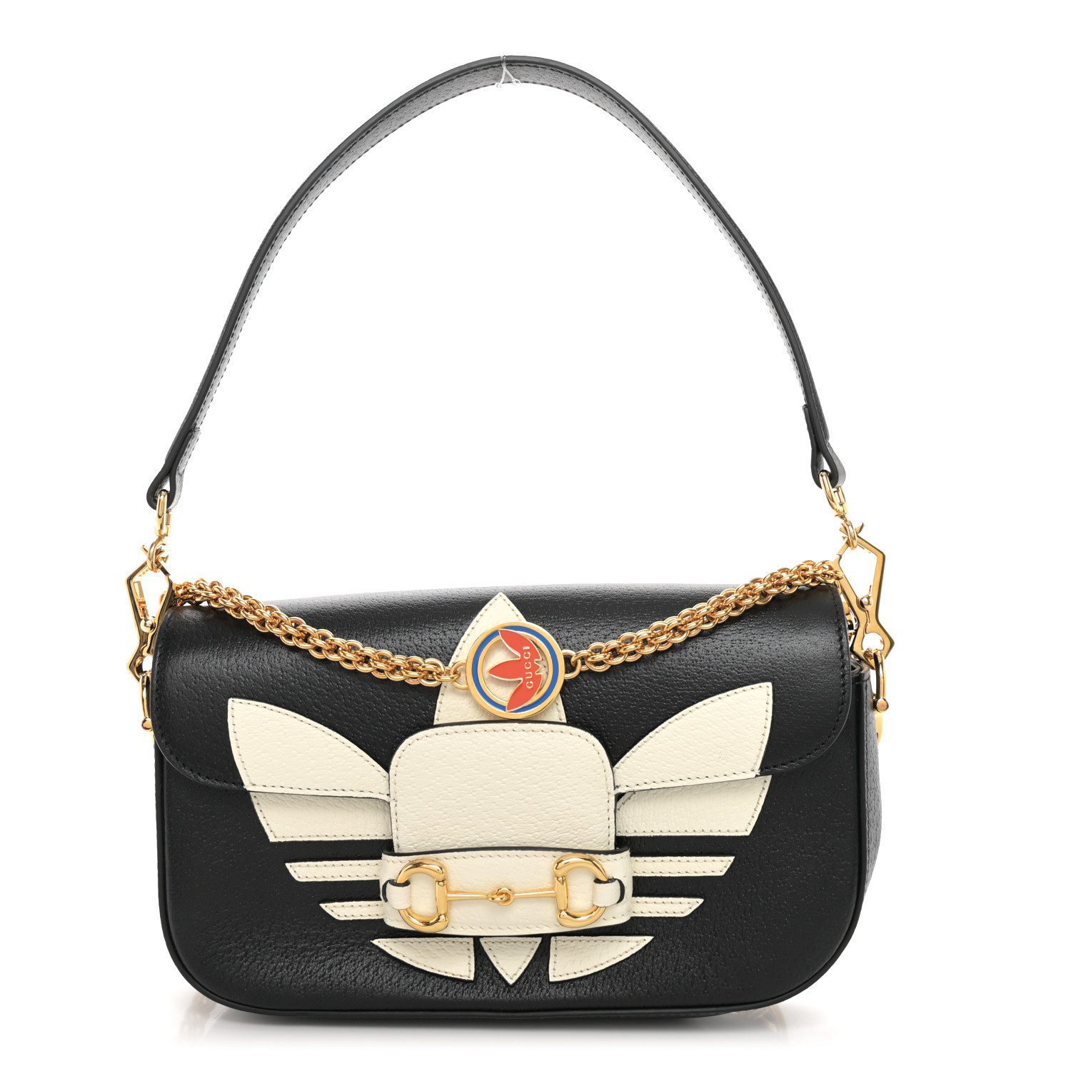 Gucci x Adidas Black Off White Textured Dollar Calfskin Leather Mini Trefoil Horsebit 1955 Shoulder Bag Front replica handbag