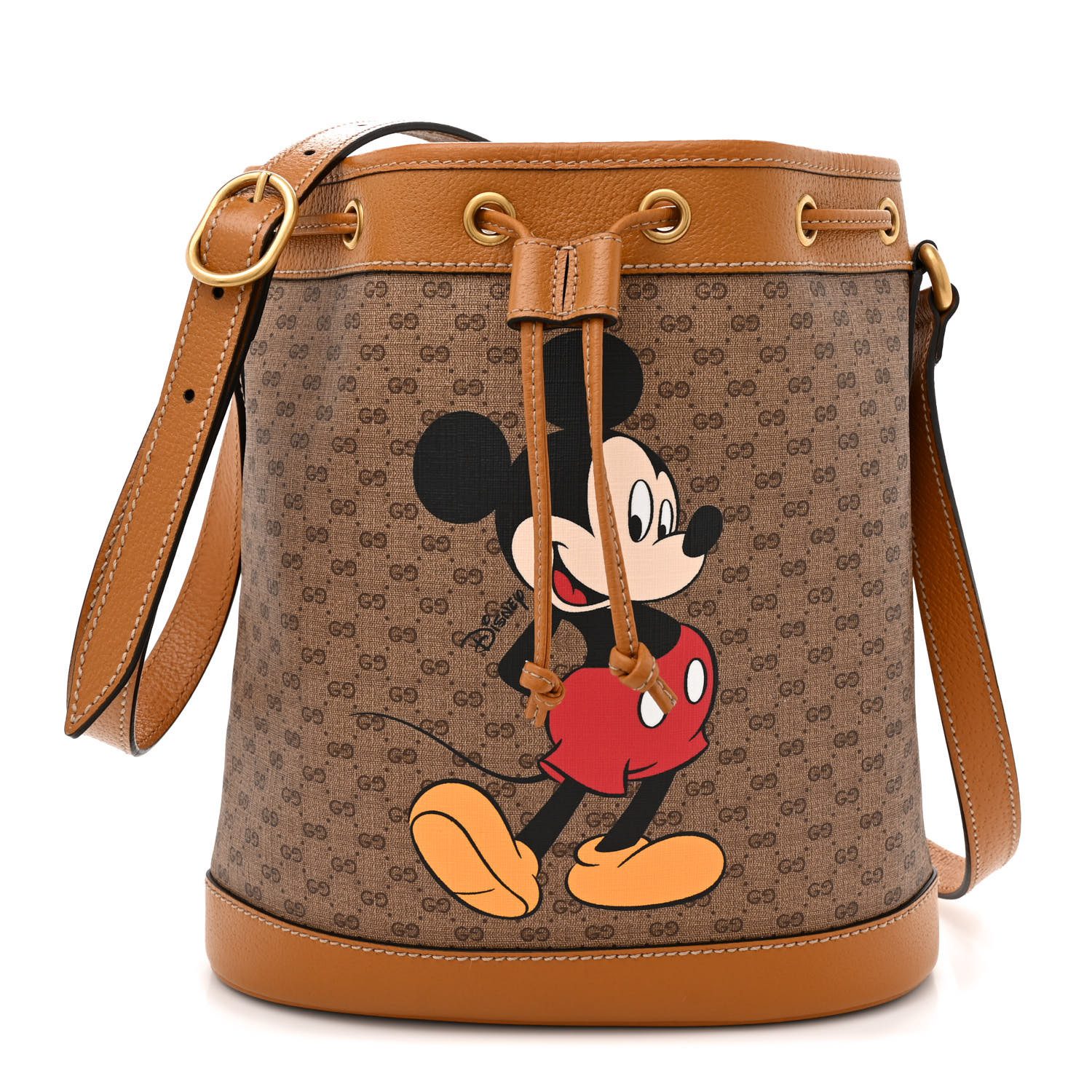 Gucci x Disney Beige Vintage Sun Oil GG Supreme Monogram Coated Canvas Mini Bucket Bag Gold Hardware Front replica handbag