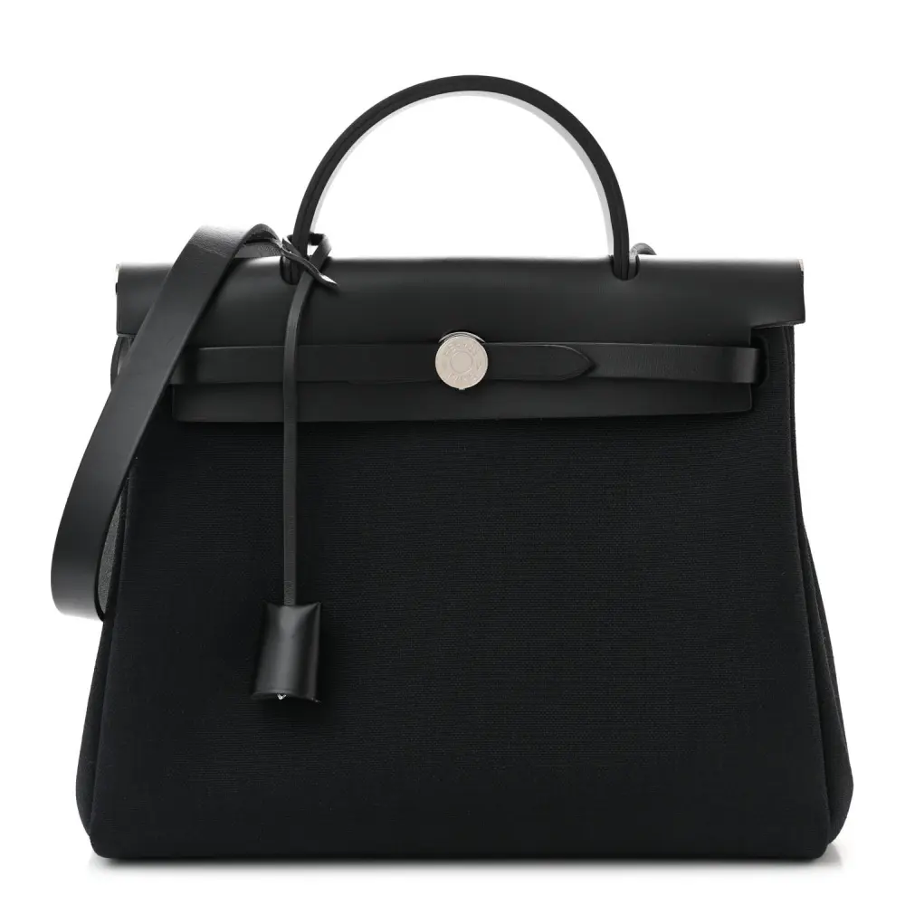 Hermès Black Military Toile & Vache Hunter Leather Herbag Zip PM 31 Palladium Silver Hardware Front replica handbag
