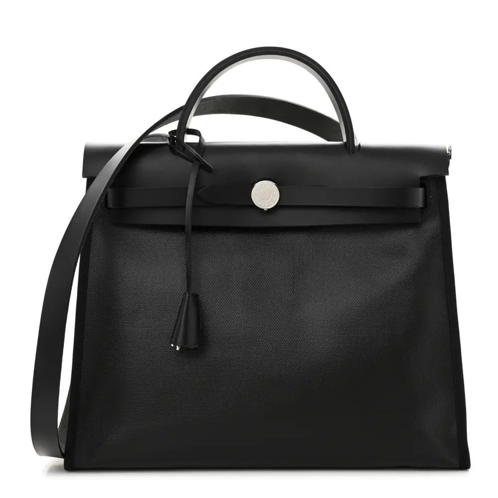 Hermès BlackEcru Toile H & Vache Hunter Leather Herbag Zip PM 31 Palladium Hardware Front replica handbag