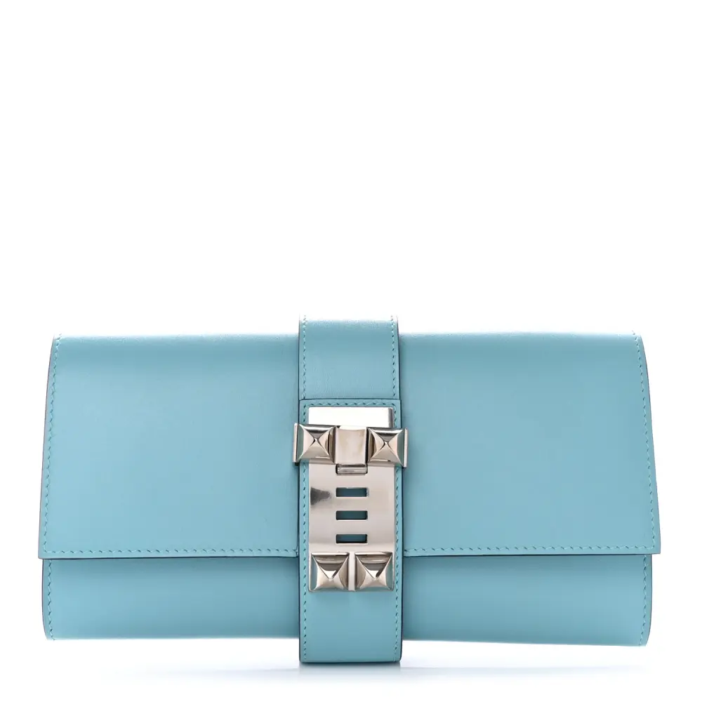 Hermès Bleu Atoll Tadelakt Leather Medor 23 Clutch Palladium Hardware Front replica handbag