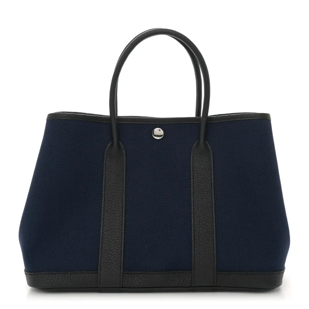 Hermès Bleu Marine Black Military Toile & Negonda Leather Garden Party 30 TPM Palladium Hardware Front replica handbag