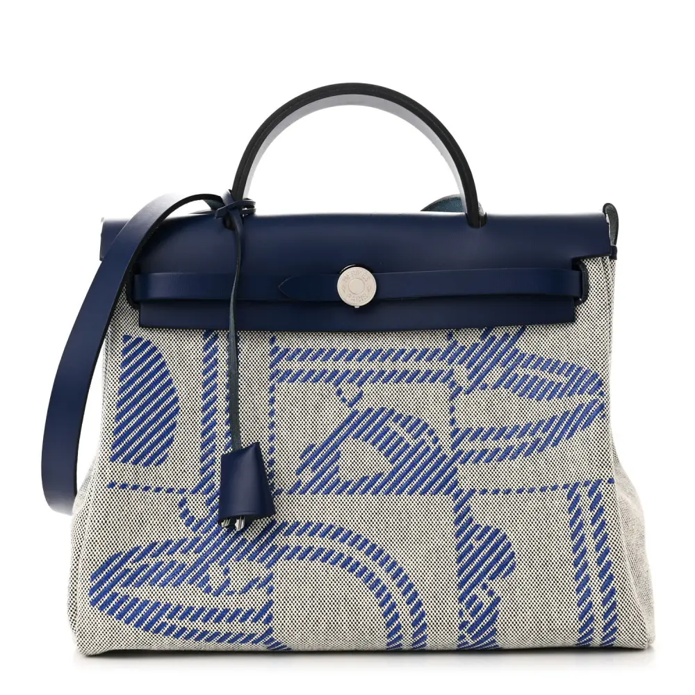 Hermès Bleu de France Ecru Black Vache Hunter Leather & Toile H Brides de Gala Herbag Zip Retourne 31 PM Palladium Silver Hardware Front replica handbag