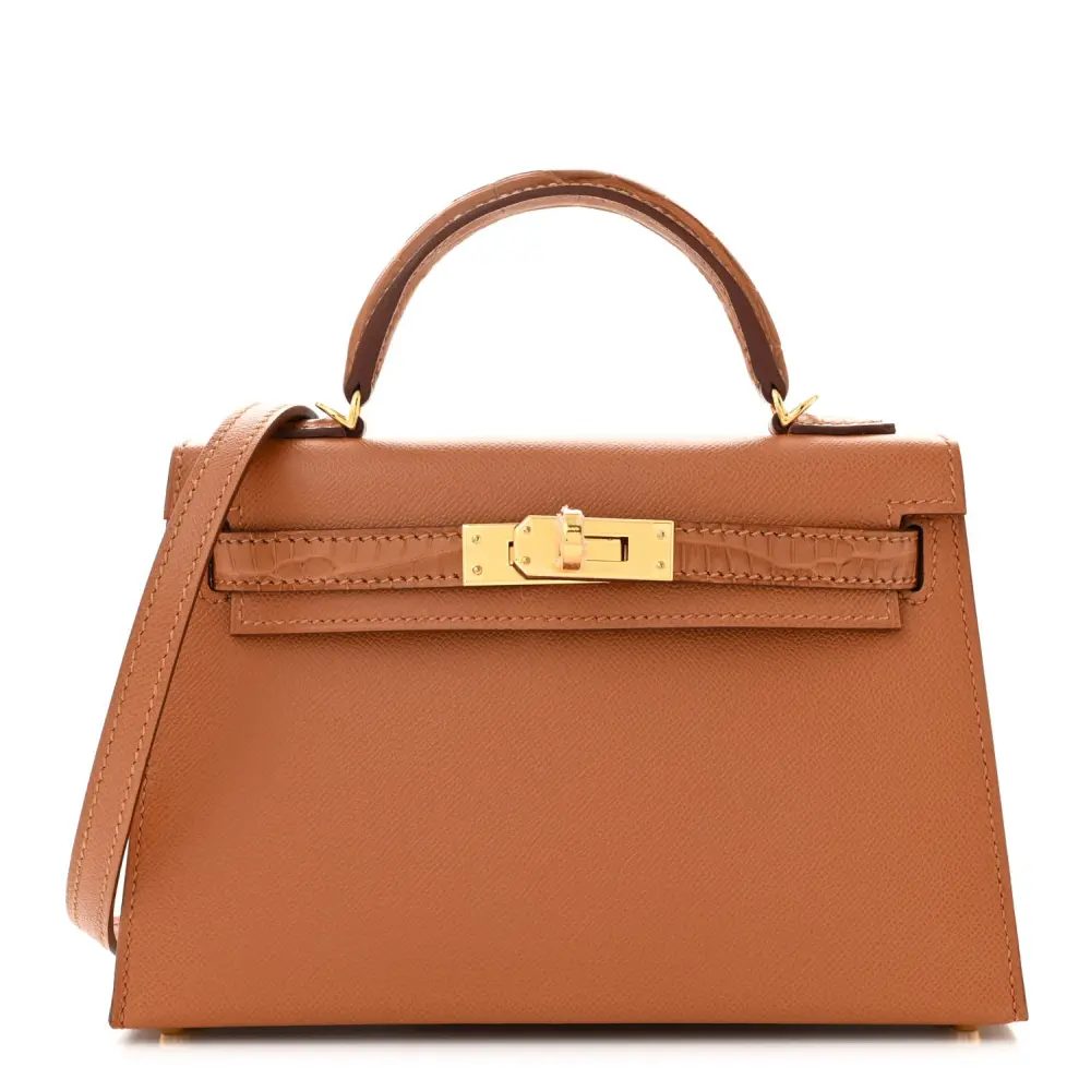 Hermès Brown Madame Calfskin & Matte Alligator Leather Mini Kelly Sellier Touch 20 Gold Hardware Front replica handbag