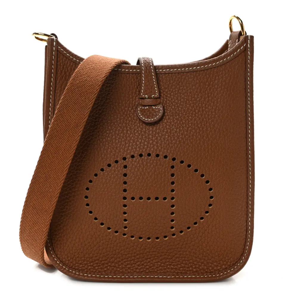 Hermès Brown Taurillon Clemence Leather Evelyne TPM Gold Hardware Front replica handbag