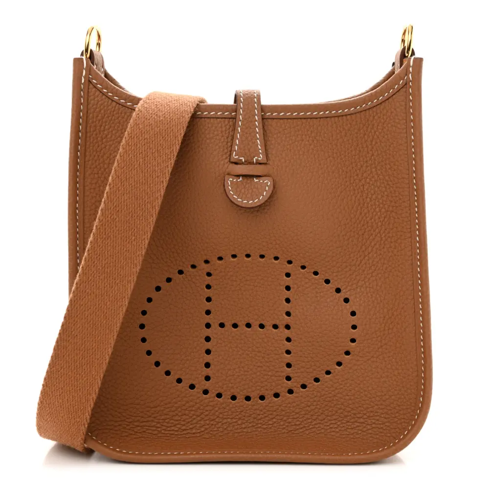 Hermès Brown Taurillon Clemence Leather Evelyne TPM Gold Hardware Front replica handbag