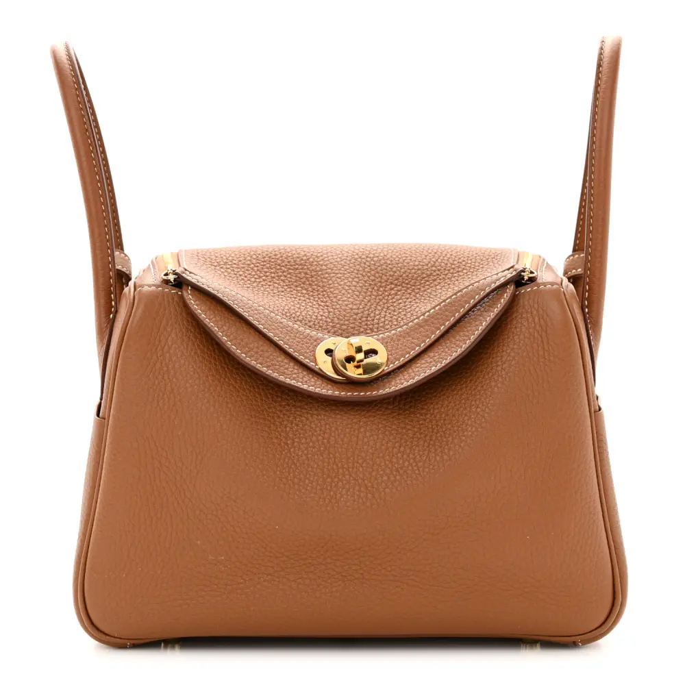 Hermès Brown Taurillon Clemence Leather Lindy 26 Gold Hardware Front replica handbag