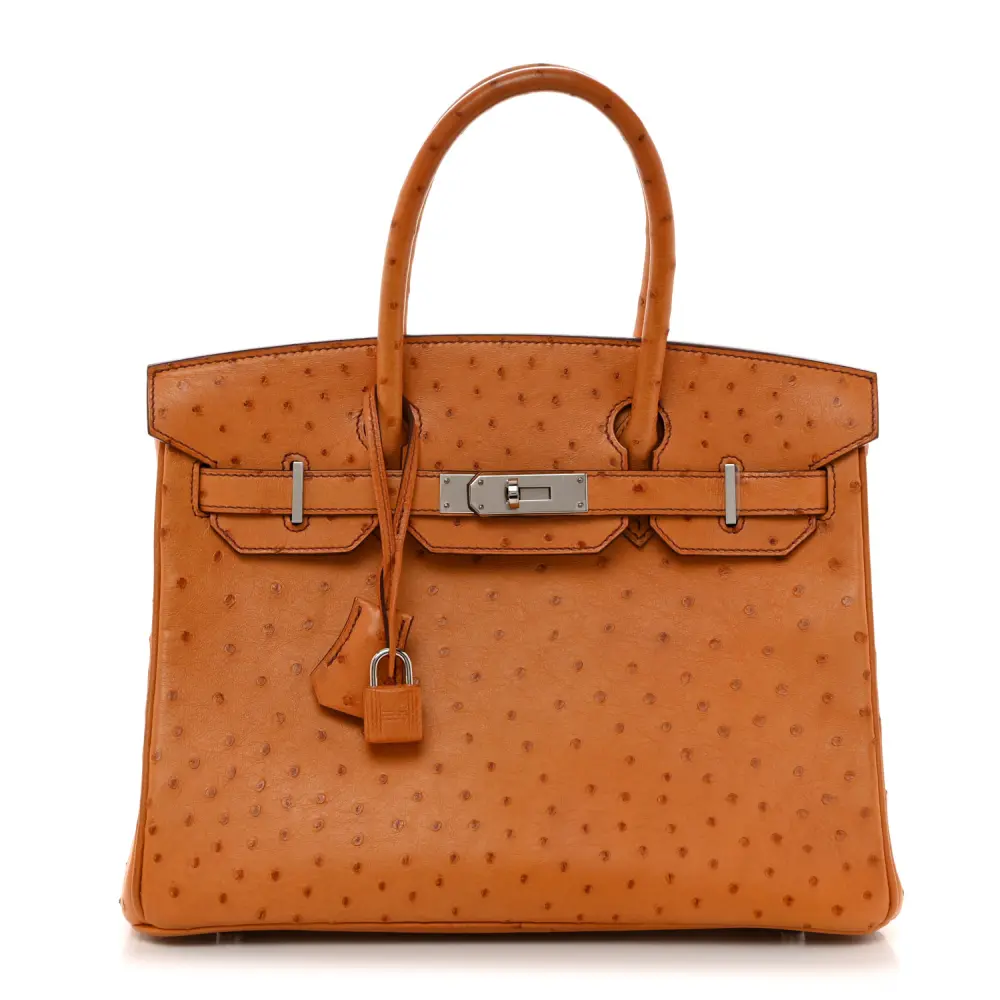 Hermès Cognac Ostrich Leather Birkin 30 Palladium Hardware Front replica handbag