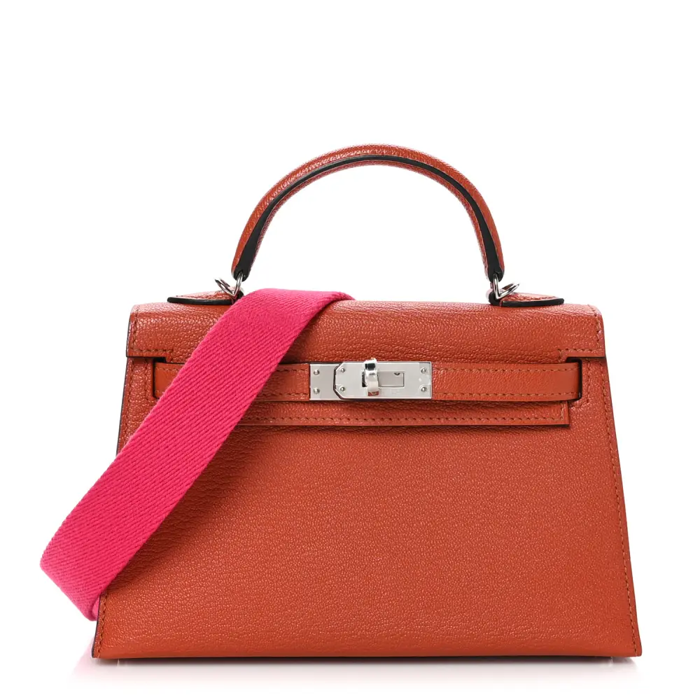 Hermès Cuivre Rose Mexico Chèvre Mysore Leather Mini Kelly Sellier 20 Palladium Hardware Front replica handbag
