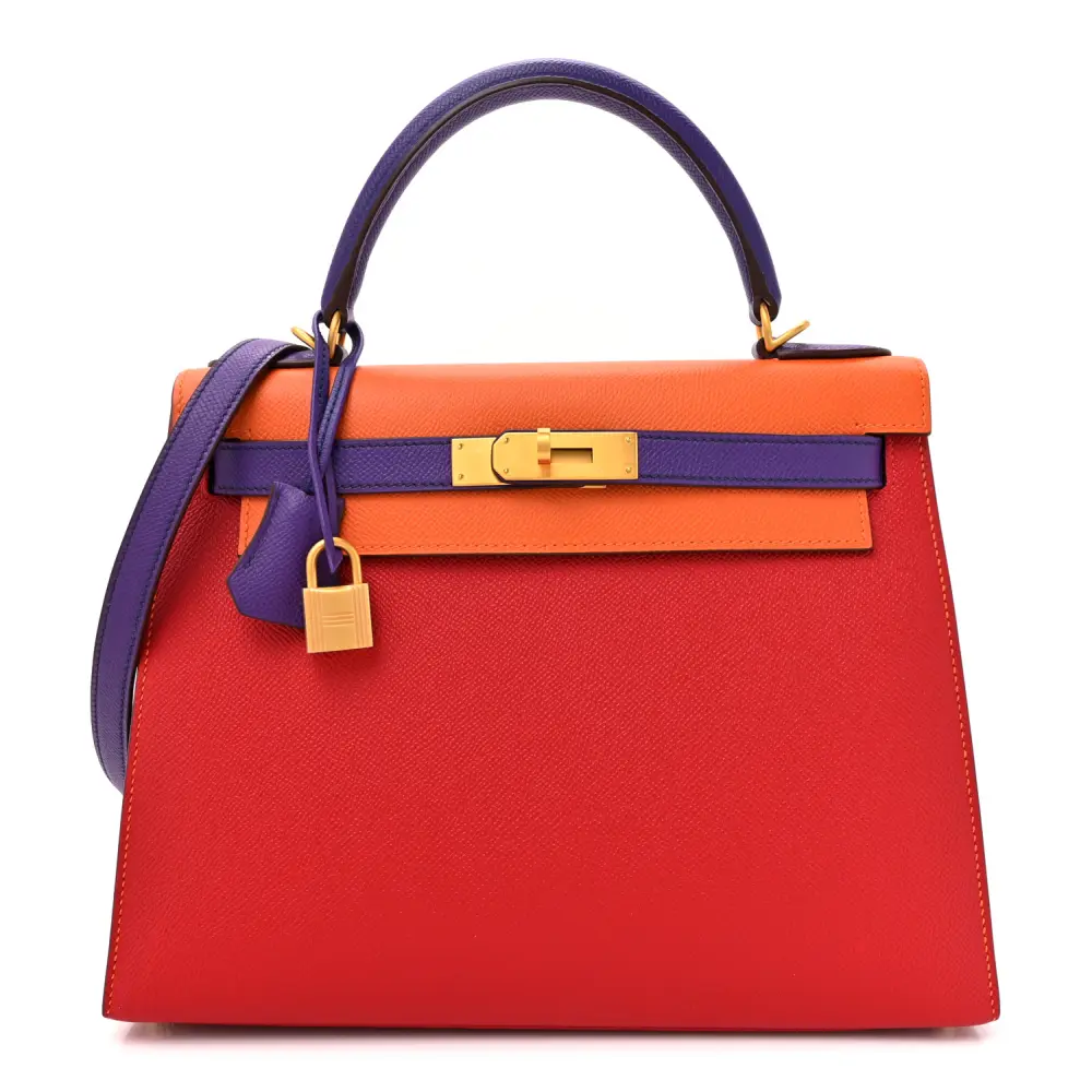 Hermès Tri Color HSS Kelly Sellier 28 Rose Tyreïn Rouge Casaque Orange Crocus Epsom Leather Horseshoe Gold Hardware Front replica handbag