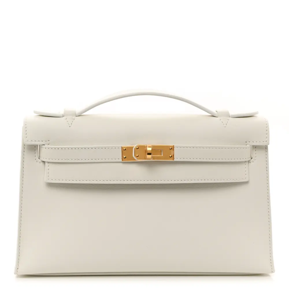 Hermès White Swift Leather Kelly Pochette Clutch Gold Palladium Hardware Front replica handbag
