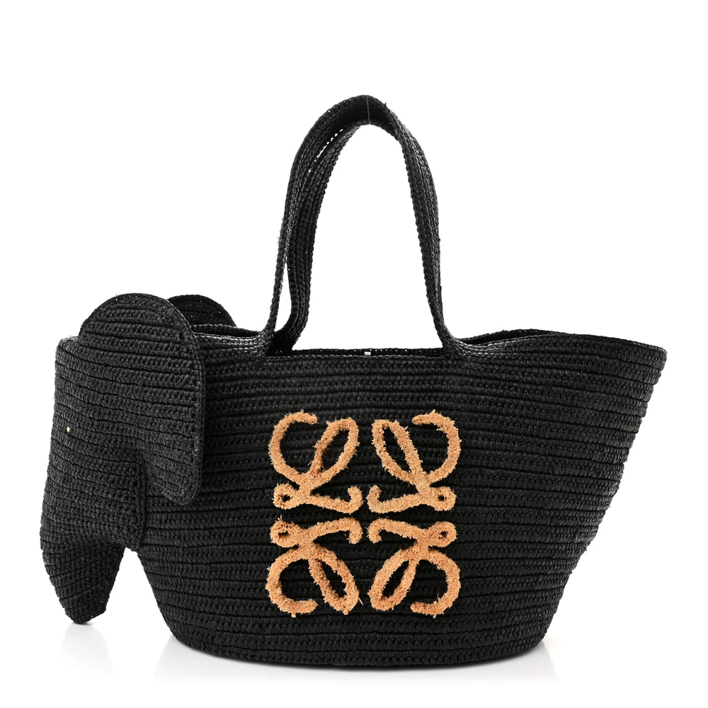 Loewe Black Raffia Medium Elephant Basket Tote Bag Front replica handbags