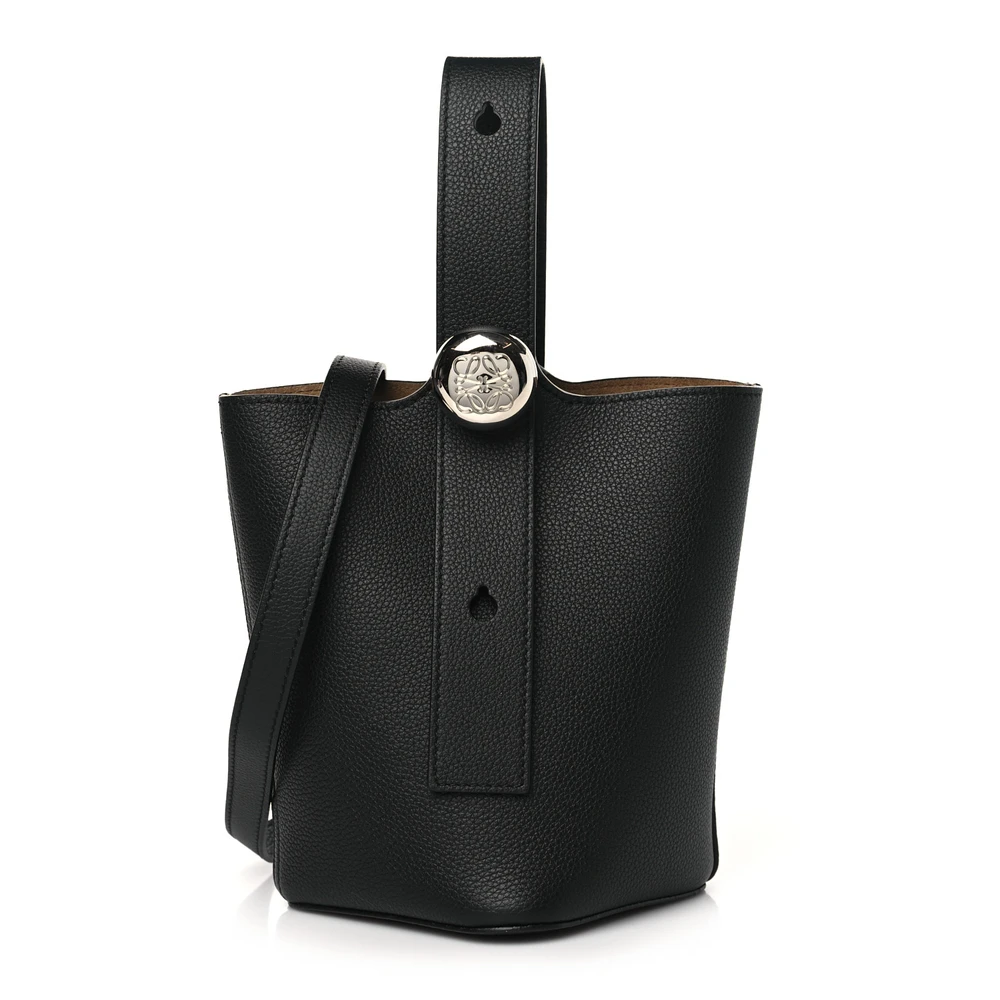 Loewe Black Soft Grained Calfskin Leather Mini Pebble Bucket Bag Palladium Hardware Front replica handags