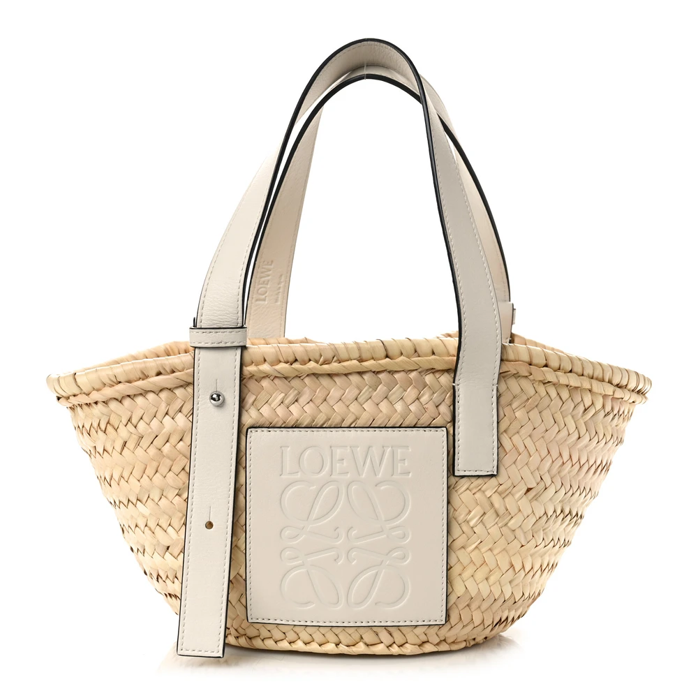 Loewe Natural White Raffia & Calfskin Leather Small Basket Tote Bag Front replica handbags