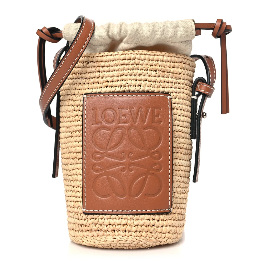 Loewe NaturalTan Calfskin Leather & Raffia Medium Paula_s Ibiza Bucket Bag Front replica handbags