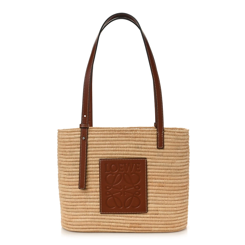 Loewe NaturalTan Raffia & Calfskin Leather Small Square Basket Tote Bag Front replica handbags
