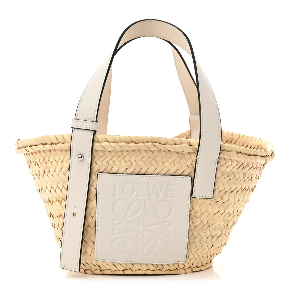 Loewe NaturalWhite Raffia & Calfskin Leather Small Basket Tote Bag Front replica handbags