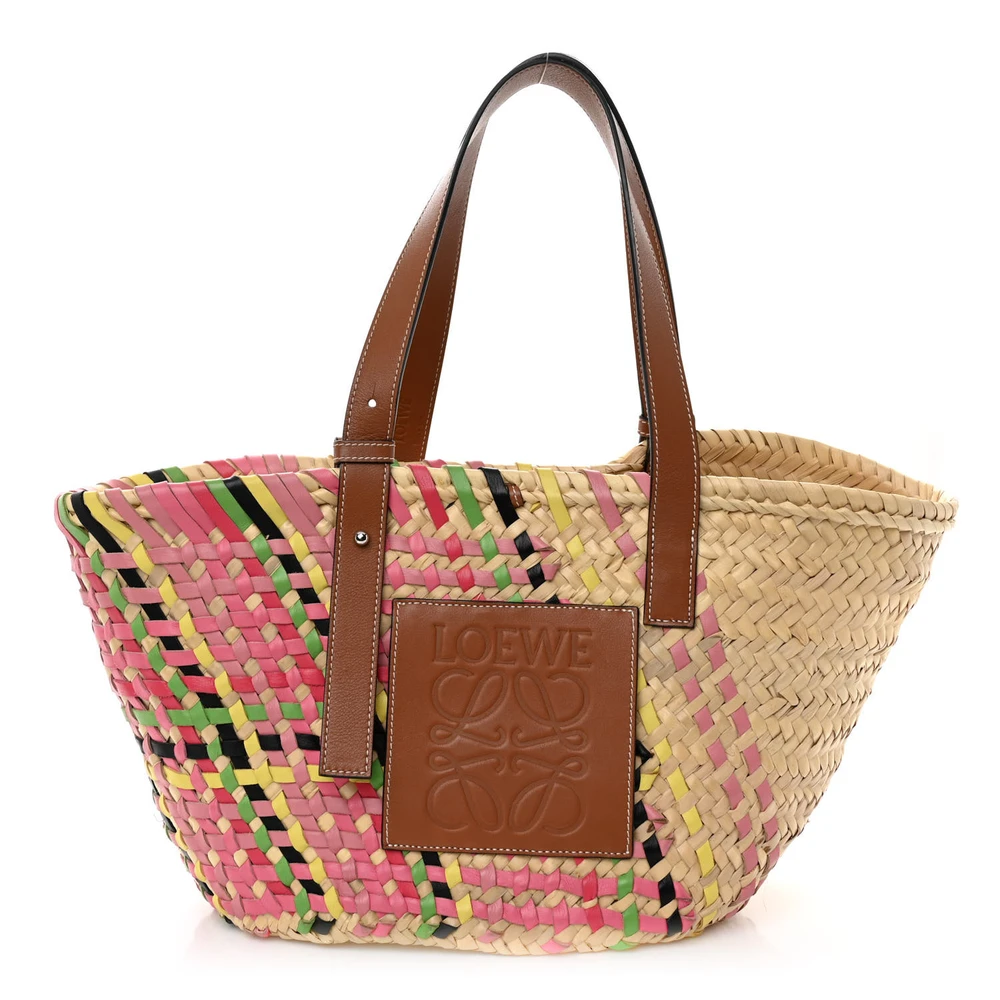 Loewe Pink Multicolor Raffia Medium Basket Tote Bag Front replica handbags