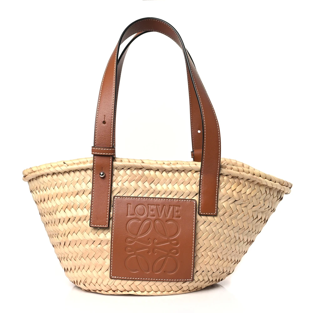 Loewe Raffia & Calfskin Leather TanNatural Small Basket Tote Bag Front replica handbags