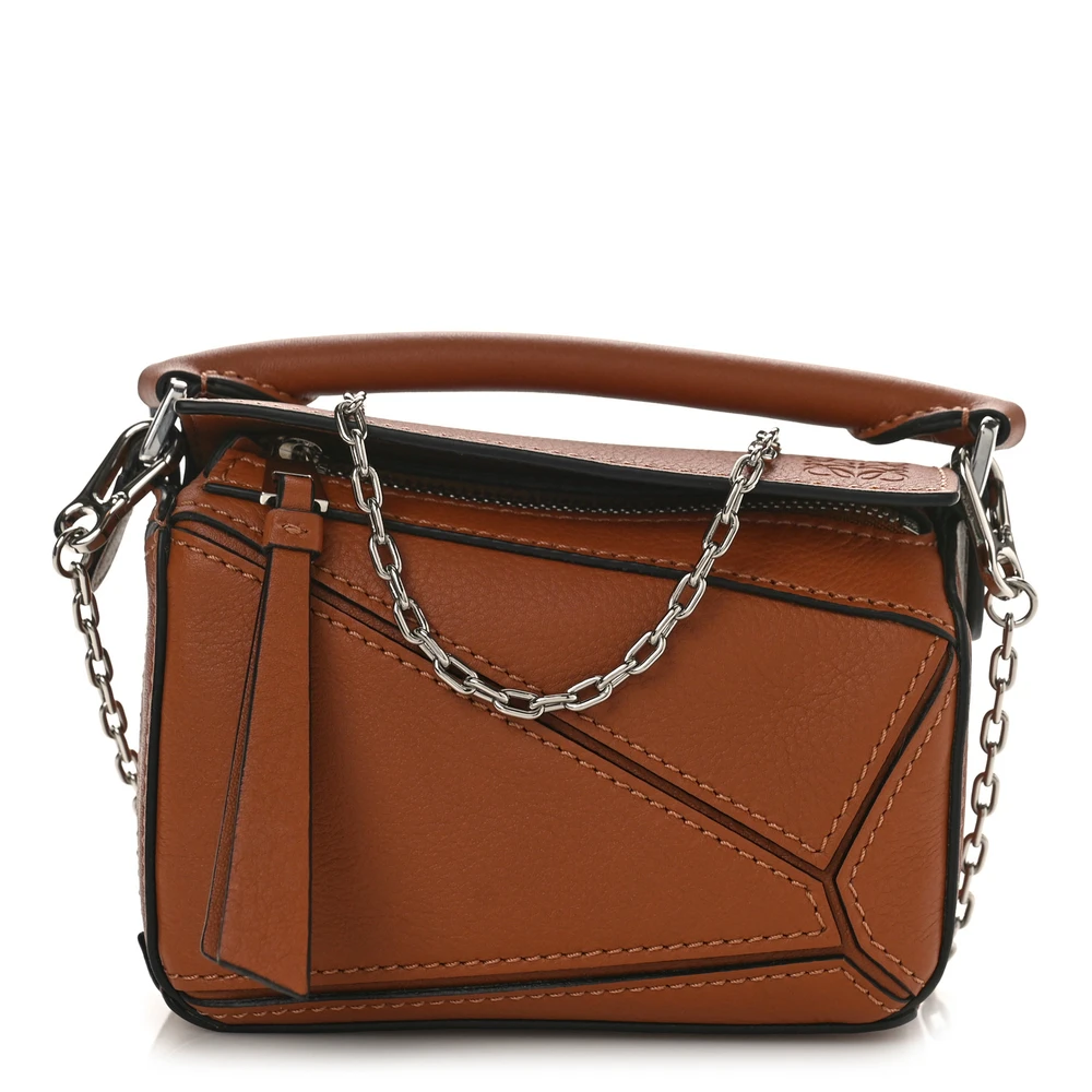 Loewe Tan Calfskin Leather Nano Puzzle Bag Silver Hardware Front(1) replica handbags