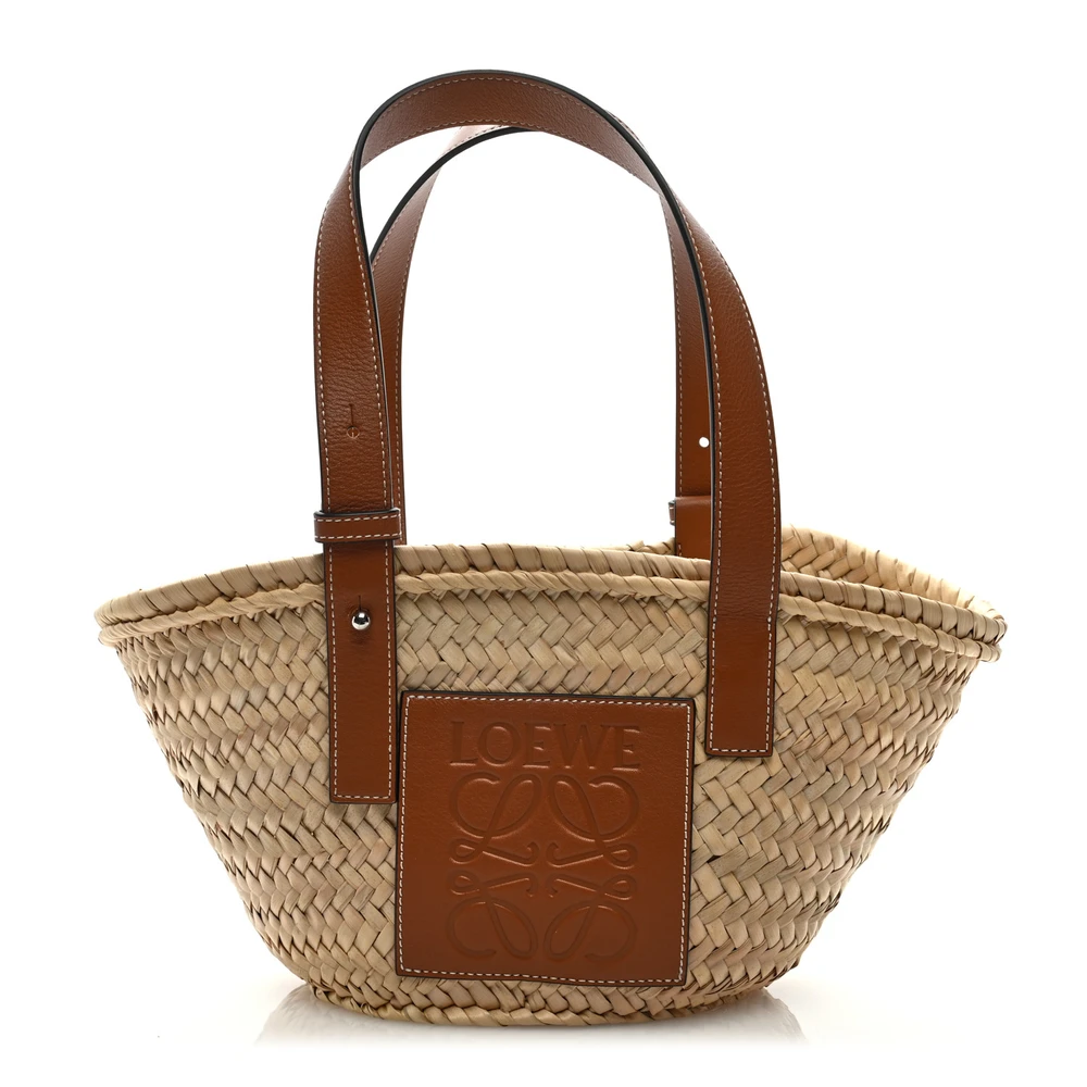 Loewe TanNatural Raffia & Calfskin Leather Small Basket Tote Bag Front replica handbags
