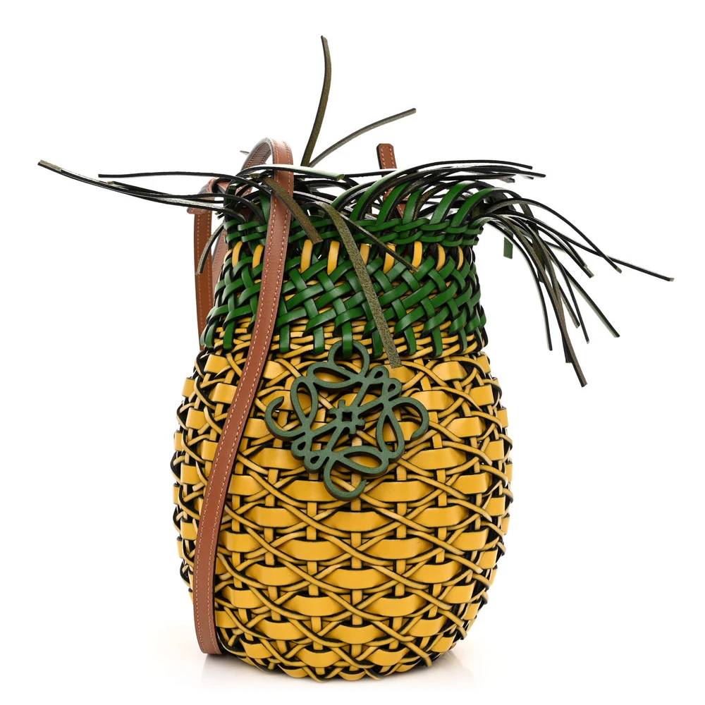 Loewe YellowGreen Calfskin Leather & Woven Fiber Medium Fringe Woven Pineapple Bucket Bag Front replica handbags