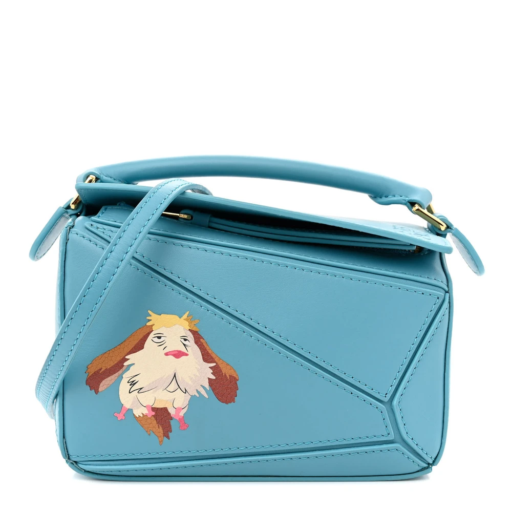 Loewe x Howls Light Blue Satin & Calfskin Leather Mini Heen Puzzle Bag Gold Hardware Front replica handbags