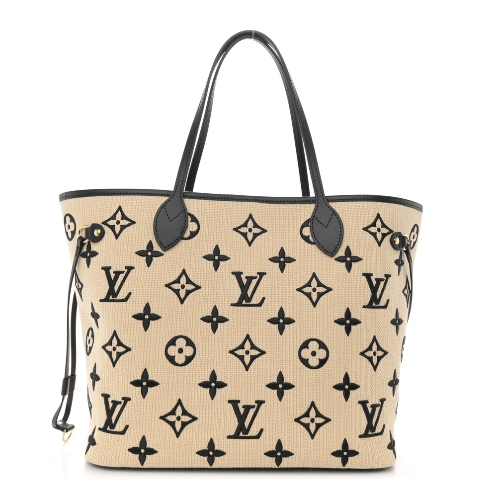 Louis Vuitton BeigeBlack Monogram Embroidered Cotton Neverfull MM Front replica handbags