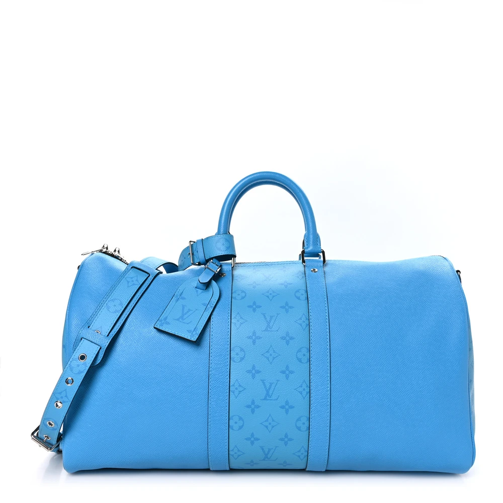 Louis Vuitton Blue Lagoon Taiga Leather & Monogram Eclipse Canvas Keepall Bandouliere 50 Silver Hardware Front replica handbags