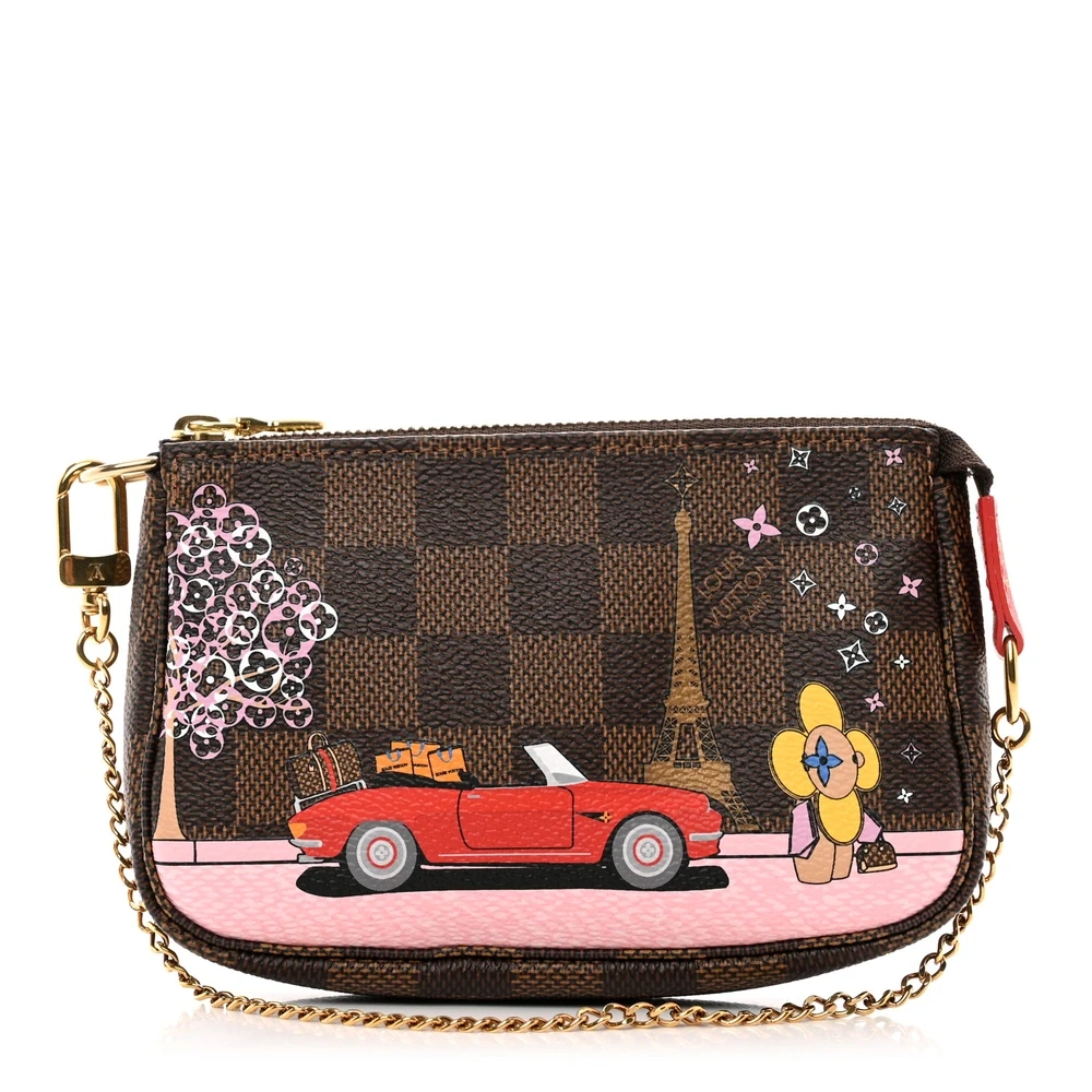 Louis Vuitton Damier Ebene Canvas 2019 Christmas Animation Mini Pochette Accessories Gold Hardware Front replica handbags
