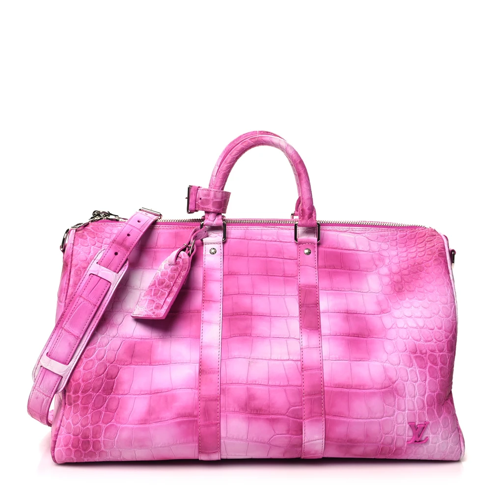 Louis Vuitton Fuchsia Matte Alligator Leather Keepall Bandoulière 45 Silver Hardware Front replica handbags