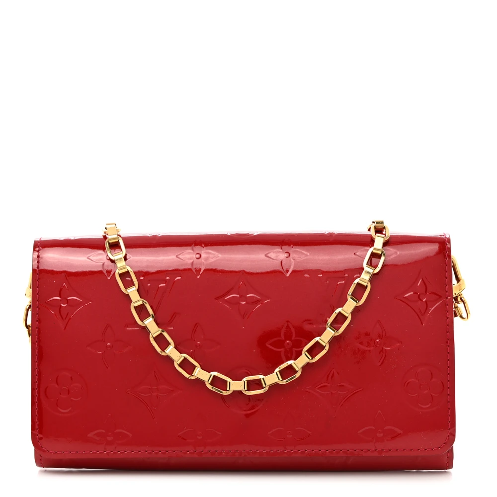 Louis Vuitton Pomme D_Amour Vernis Leather Chaine Wallet PM Gold Hardware Front replica handbags