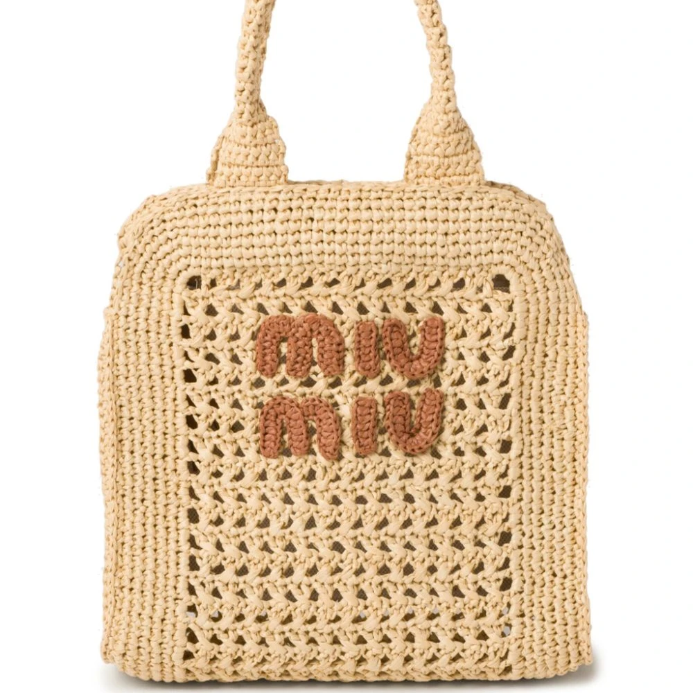 Miu Miu Beige Crochet Raffia Large Tote Bag Front replica handbags