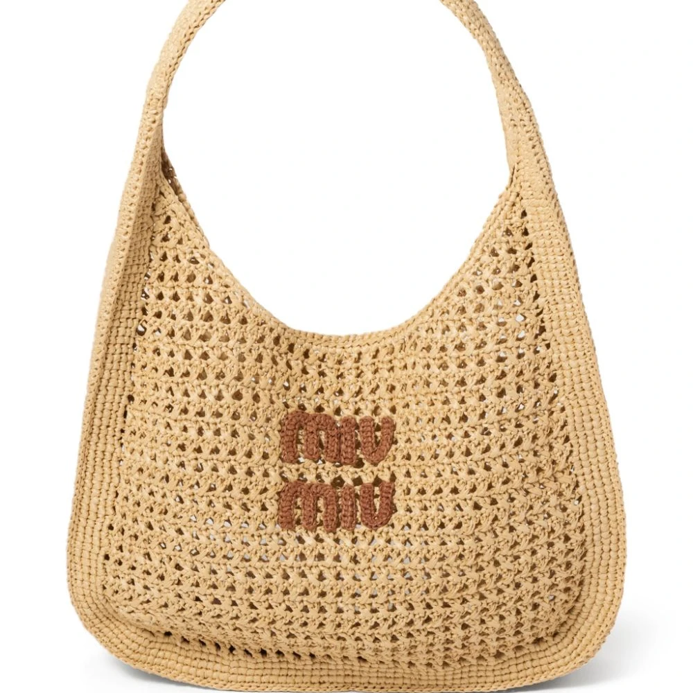Miu Miu Beige Raffia Medium Tote Bag Front replica handbags