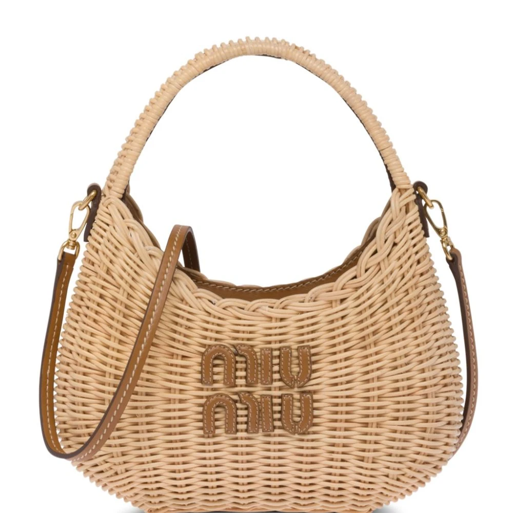 Miu Miu Beige Wicker Mini Wander Shoulder Bag Gold Hardware Front replica handbags
