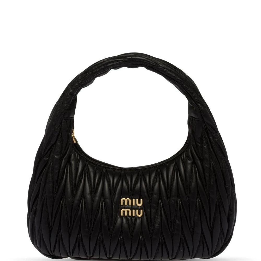 Miu Miu Black Crochet Knit Medium Wander Shoulder Bag Gold Hardware Front replica handbags