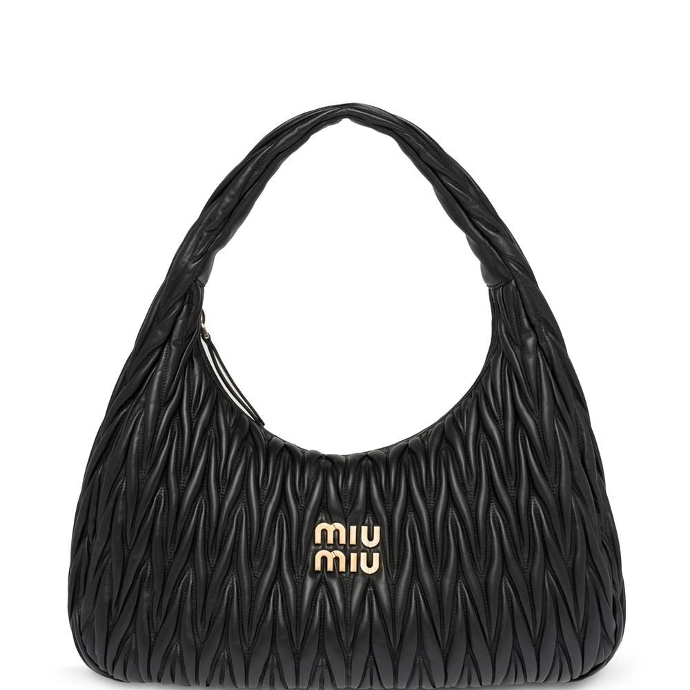 Miu Miu Black Nappa Matelasse Leather Large Wander Shoulder Bag Gold Hardware Front replica handbags