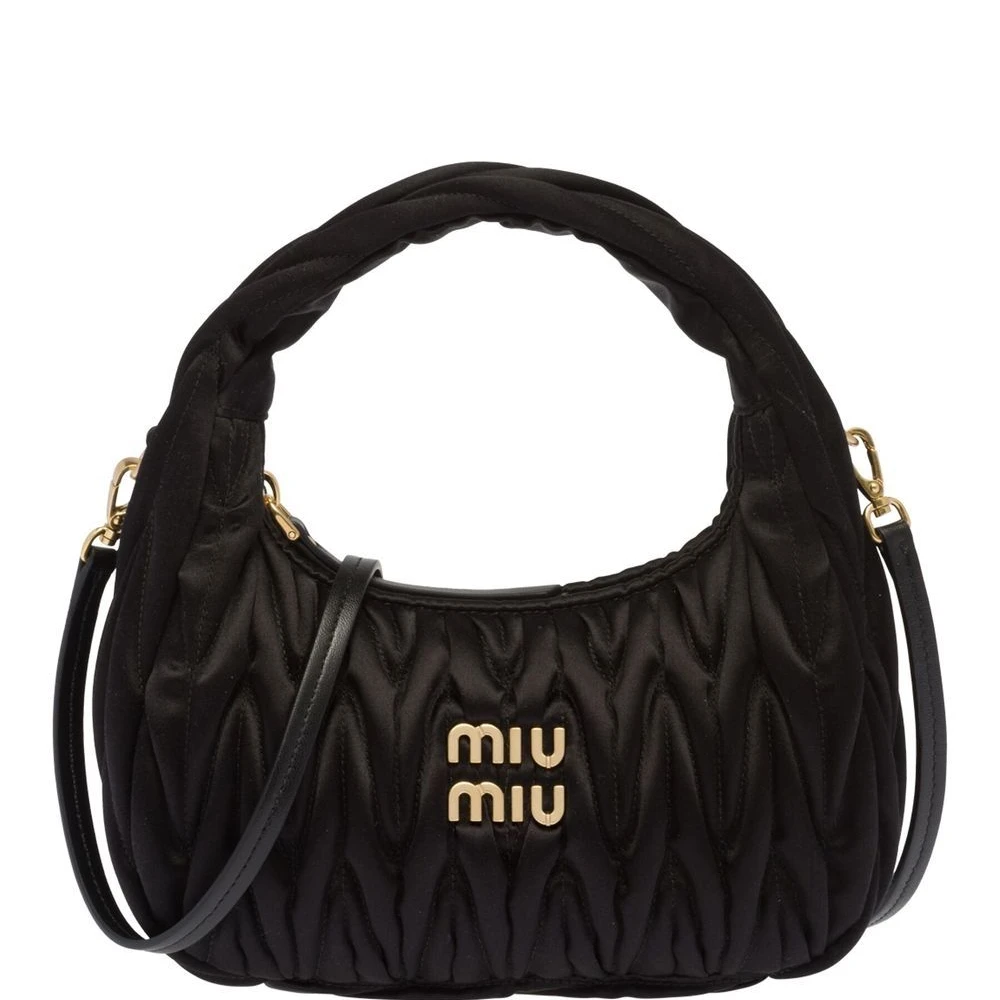 Miu Miu Black Satin Matelasse Mini Wander Shoulder Bag Gold Hardware Front replica handbags