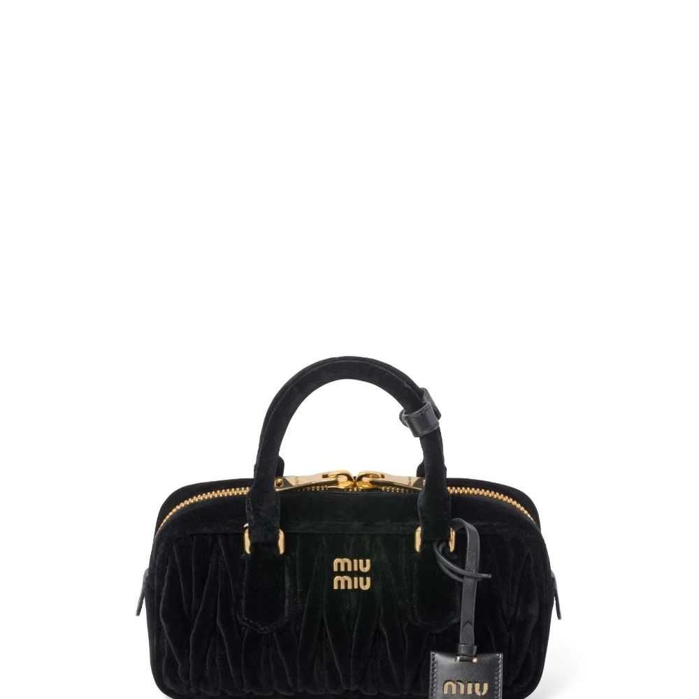 Miu Miu Black Velvet Matelasse Small Arcadie Tote Bag Gold Hardware Front replica handbags