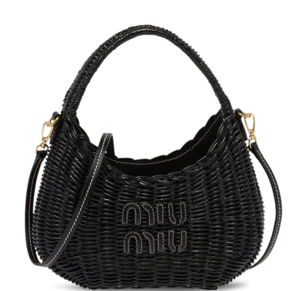 Miu Miu Black Wicker Mini Wander Shoulder Bag Gold Hardware Front replica handbags